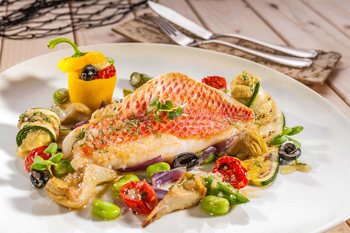 Red Snapper-Filet auf mediterranem Gemüse